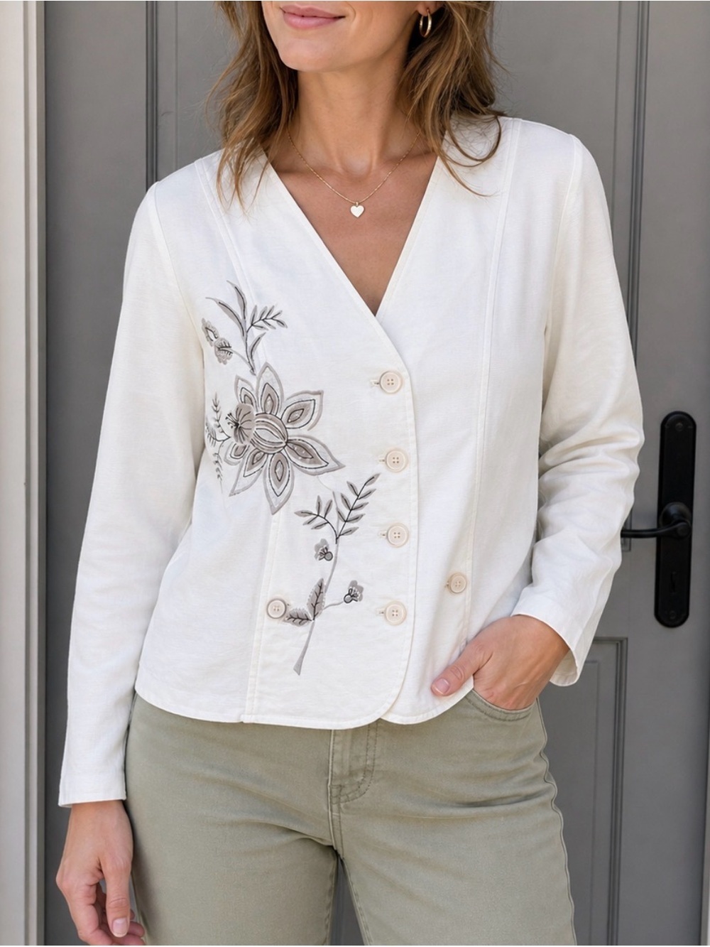 Christopher Banks white-grey embroidered floral cotton structured classic blazer